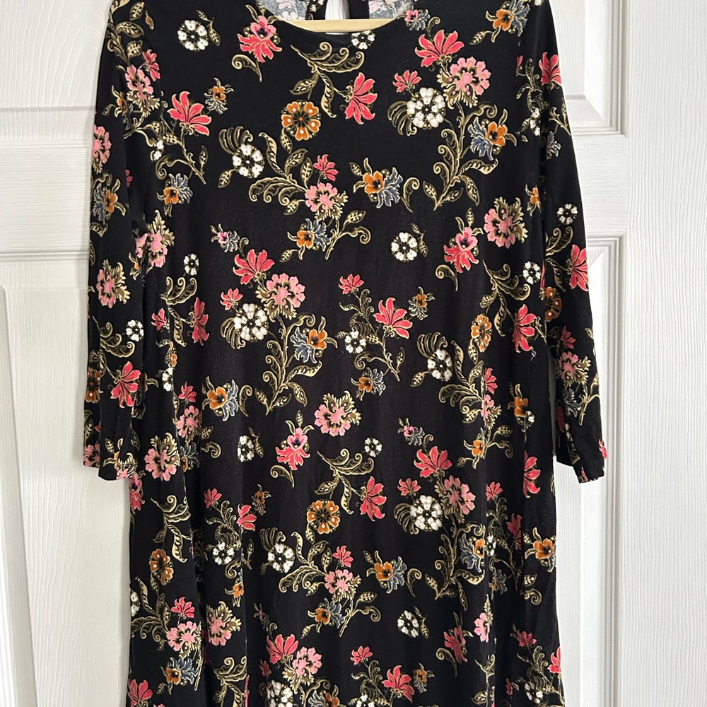 LOFT Black Dress with Pink and Gold Floral Design